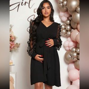 Maternity Contrast Mesh Appliques Belted Dress